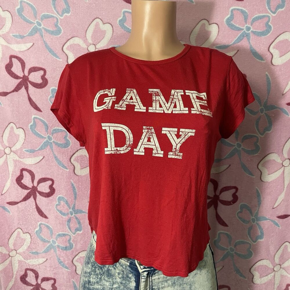 Juniors Game Day Distressed Midriff Crop MmMmMm Size Medium Short Sleeve Shirt